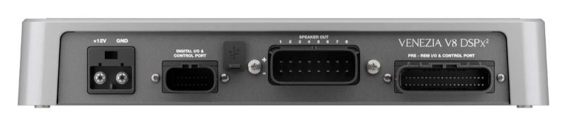 Connection panel on the Hertz VENEZIA V8 DSPx² marine DSP amplifier.